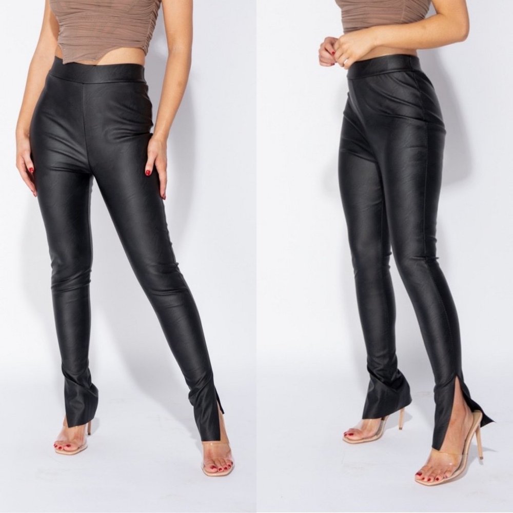 Black High Waist Vegan Leather Split Skinny Pants - Picture 1 of 8